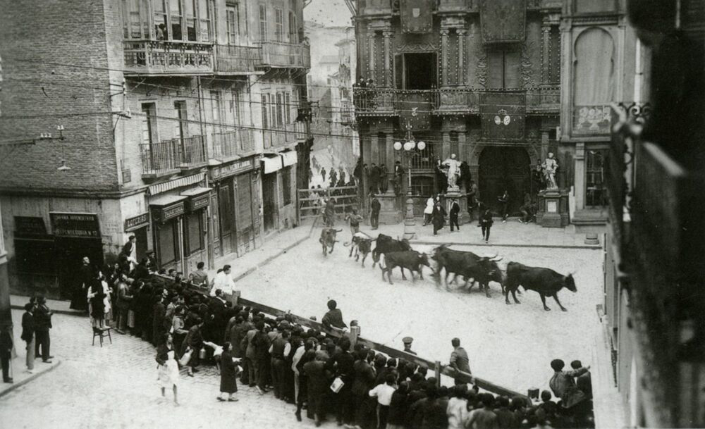 Historic running of the bulls in Pamplona during the 1930s
