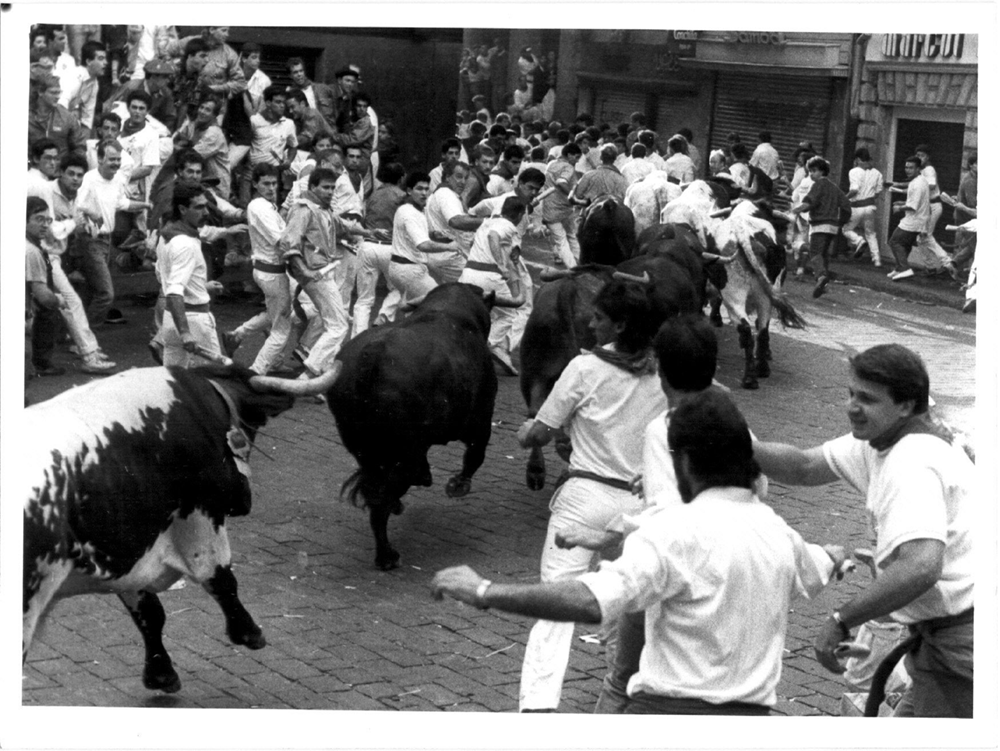 Historic view of the Running of the Bulls near Ayuntamiento