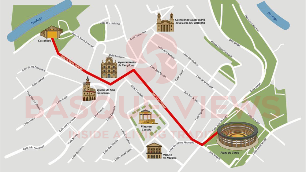 Map of the Running of the Bulls route in Pamplona